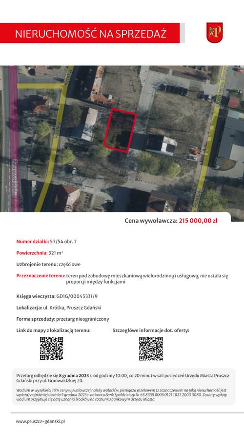Grafika przestawia kartę informacyjną nieruchomości na sprzedaż należącej do Gminy Miejskiej Pruszcz Gdański, szczegółowe informacje znajdują się w treści artykułu.
