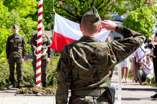 Salutujący żołnierz tyłem. Patrzy w kierunku flagi państwowej.