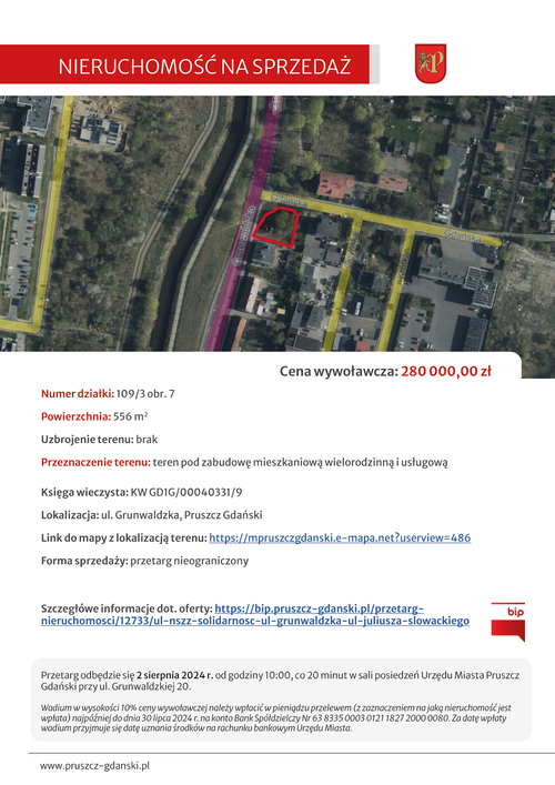 Oferta dotycząca sprzedaży działki przy ul. Grunwaldzkiej w Pruszczu Gdańskim.