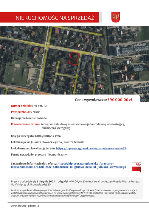 Oferta dotycząca sprzedaży działki przy ul. Słowackiego w Pruszczu Gdańskim.