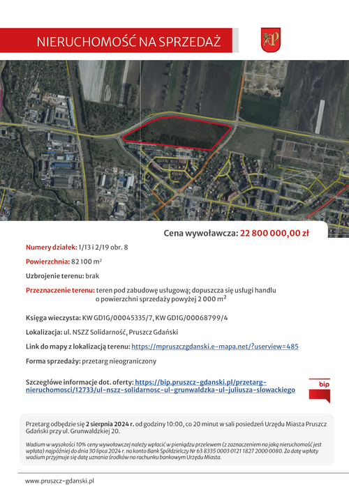 Oferta dotycząca sprzedaży działki przy ul. Grunwaldzkiej w Pruszczu Gdańskim.