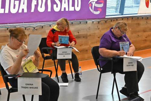 Trzy kobiety siedzą przy stolikach i rozwiązuje test.