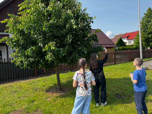 Uczestnicy gry terenowej Środowisko ponad wszystko w trakcie gry, robiący zdjęcie na terenie zielonym. Widać troje uczniów na trawie obok drzewa.