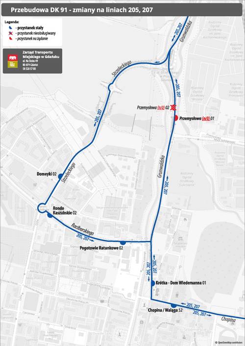 Mapka obrazująca trasę linii 205 i 207
