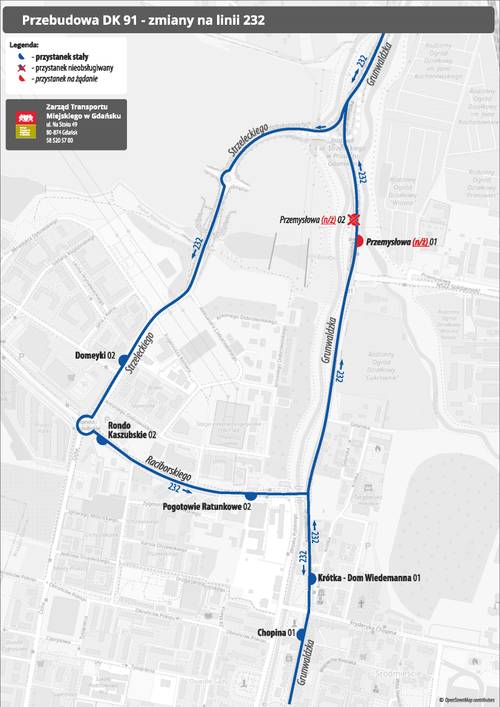 Mapka obrazująca trasę linii 232