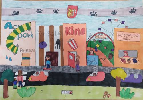 Praca konkursowa, na której jest narysowany aquapark, kino, warzywniak, ulica z ludźmi